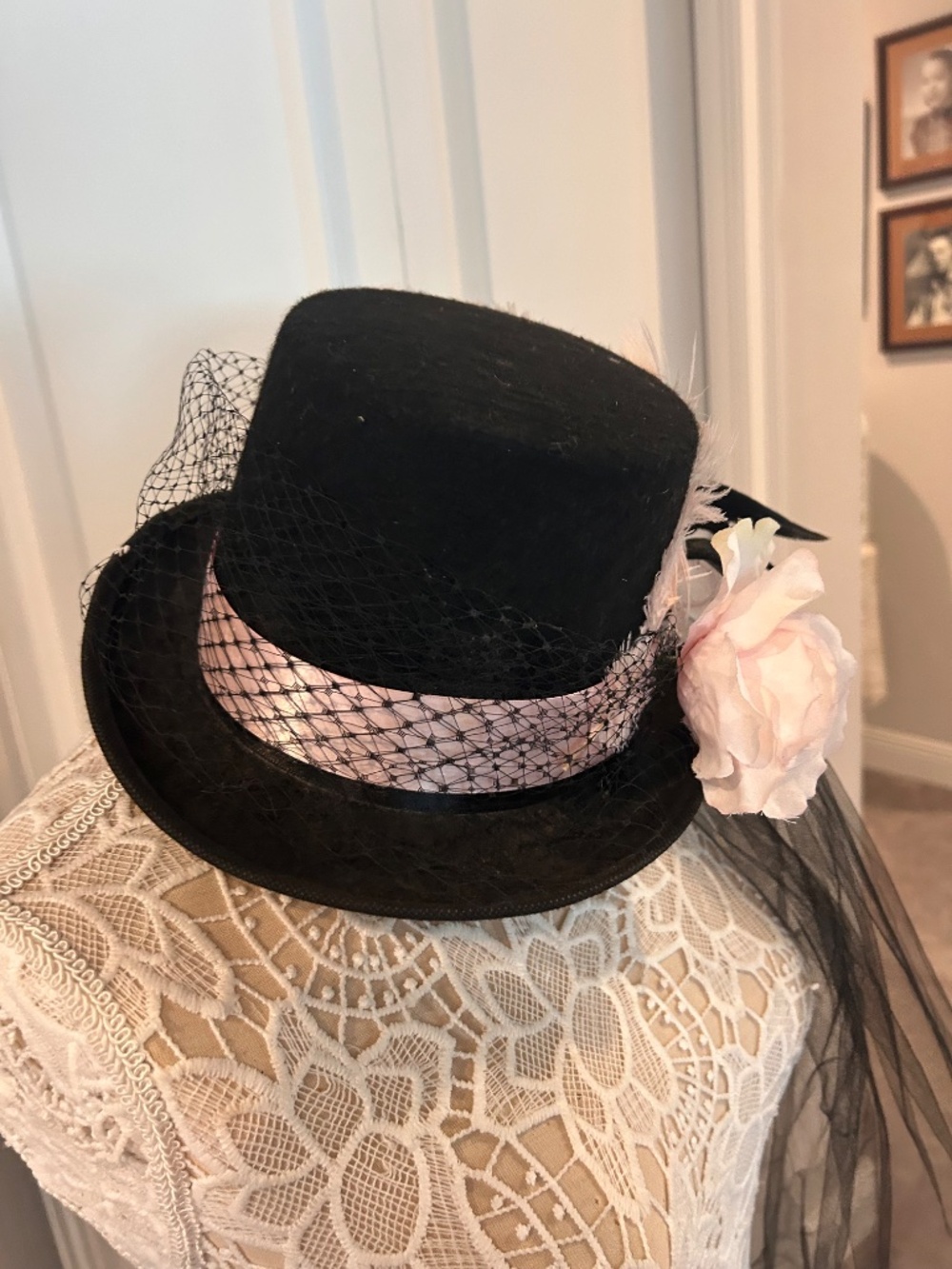 Bachelorette Pink and Black Top Hat with Toole, Netting, Pink Ribbon and a Rose - Picture 3 of 6
